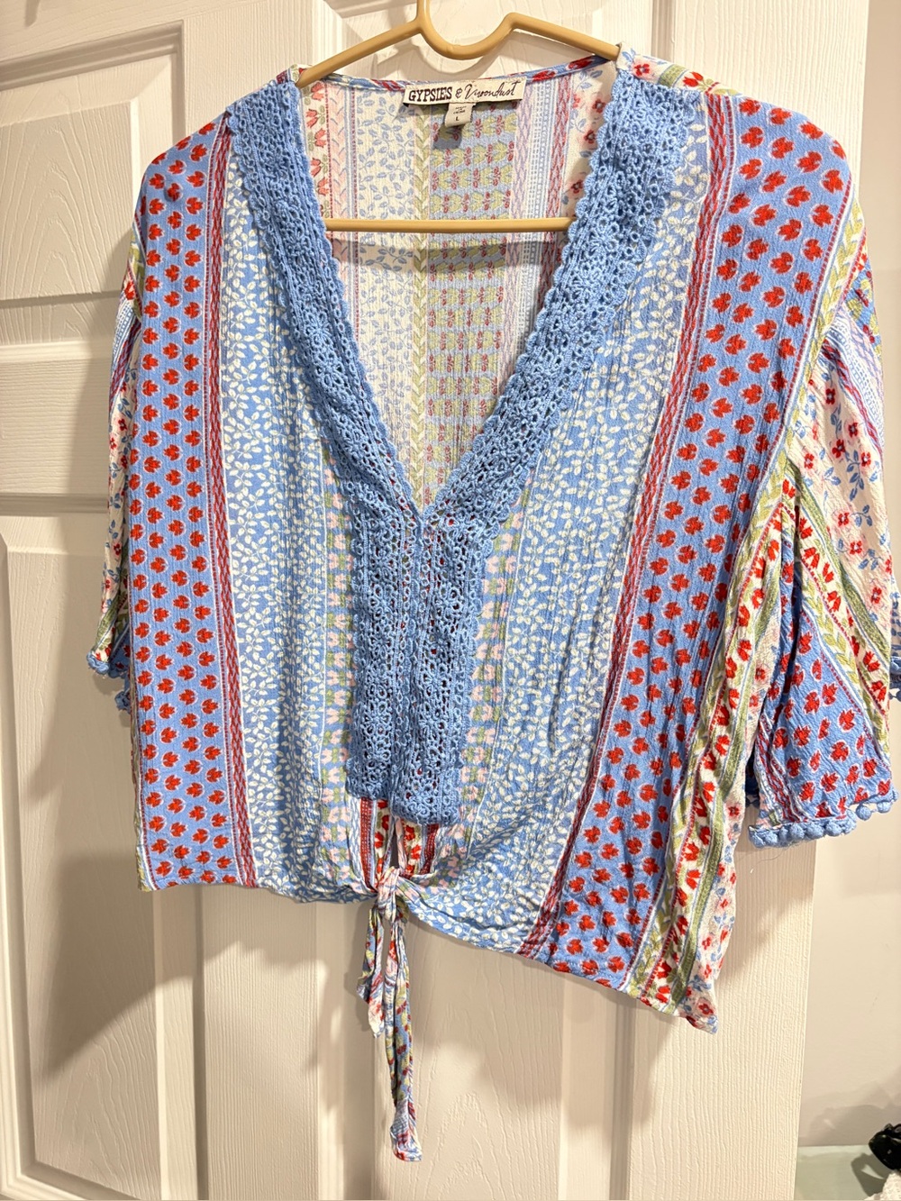 Gypsies & Moondust Light Blue Floral Crochet-Trim Tie Front Top